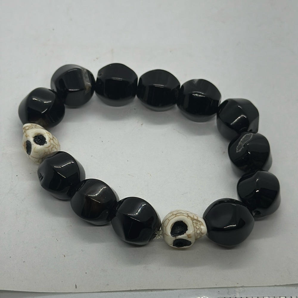 Black Agate Beaded Skull Bracelet